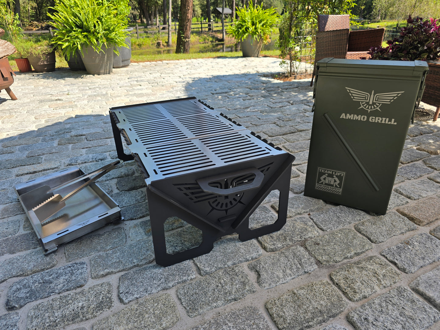 Ammo Can Grill – Heavy-Duty Fire Pit & Grill with 1/4" Steel Griddle + Stainless Spatula/Tongs