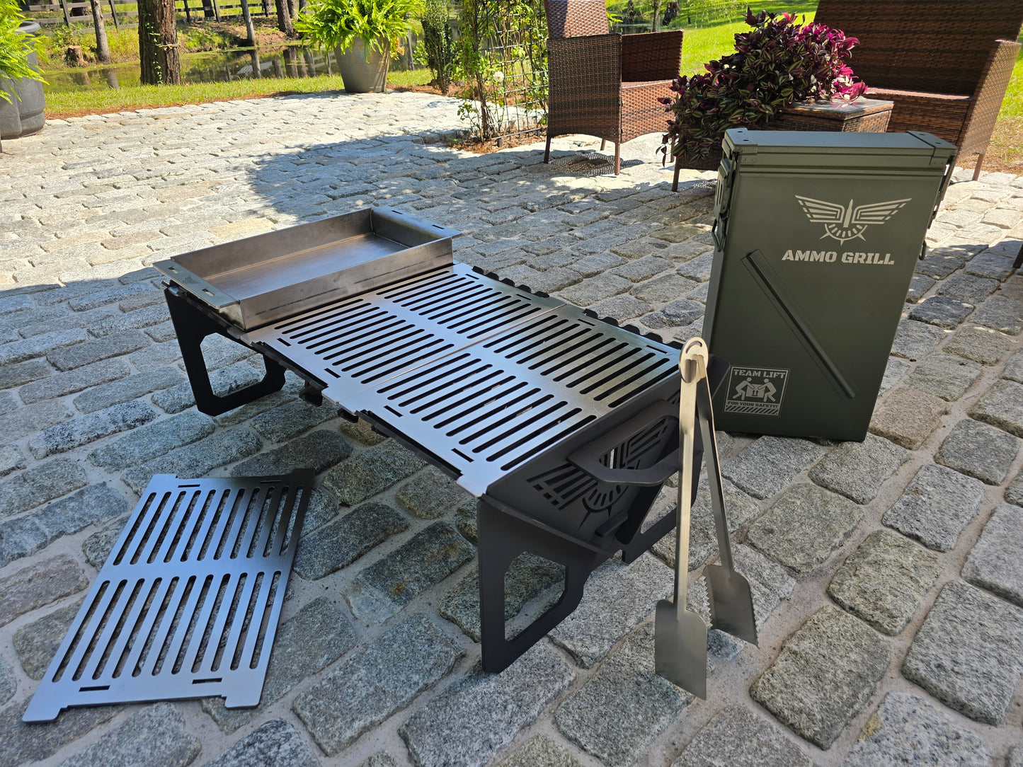 Ammo Can Grill – Heavy-Duty Fire Pit & Grill with 1/4" Steel Griddle + Stainless Spatula/Tongs