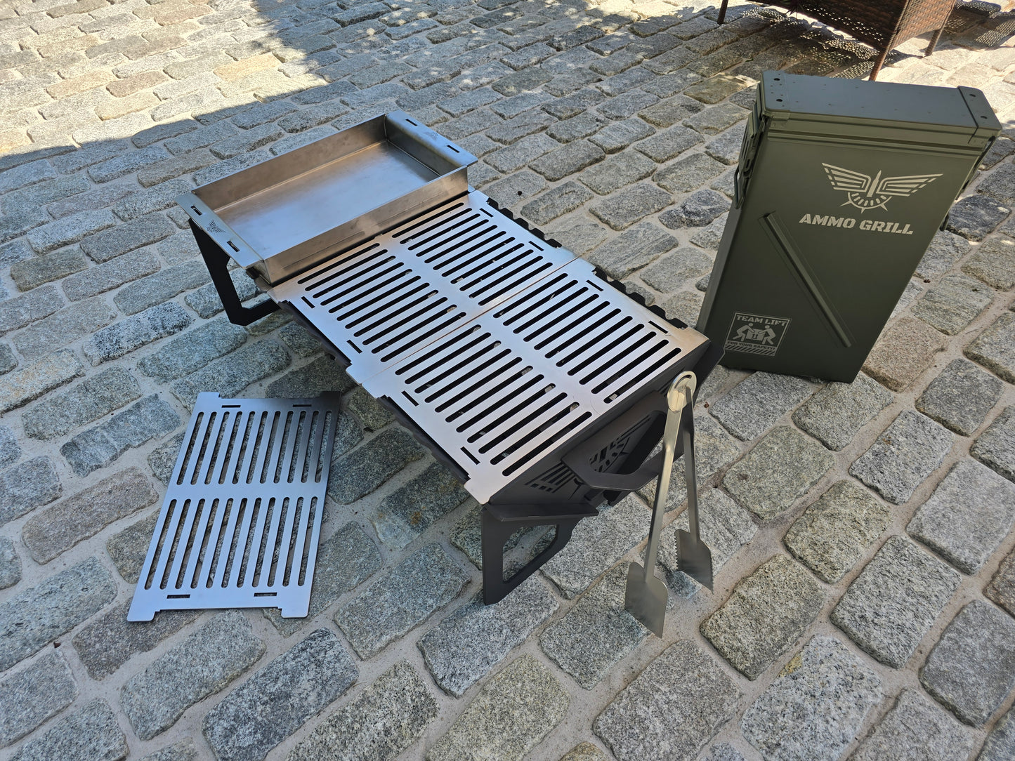 Ammo Can Grill – Heavy-Duty Fire Pit & Grill with 1/4" Steel Griddle + Stainless Spatula/Tongs