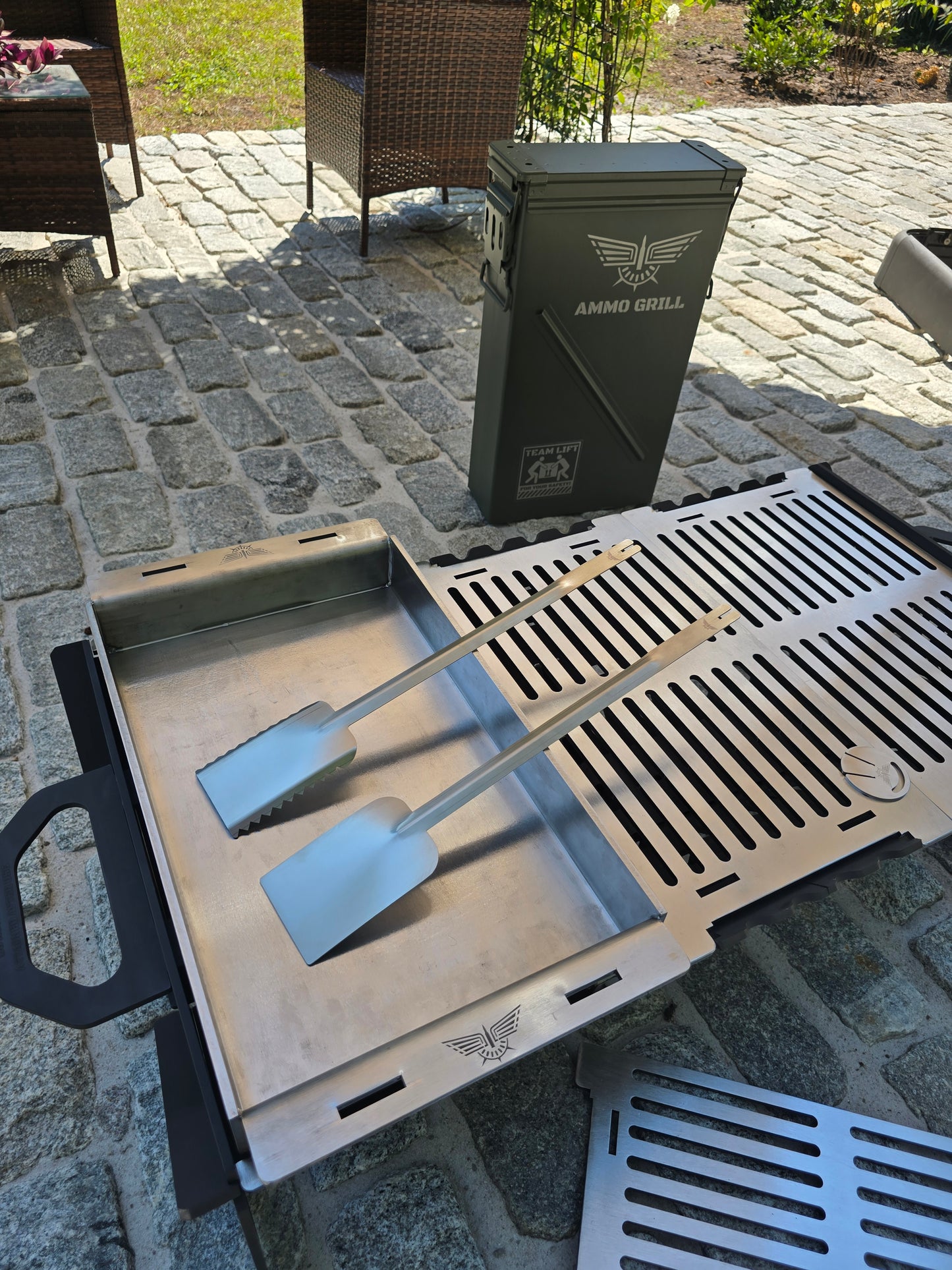Ammo Can Grill – Heavy-Duty Fire Pit & Grill with 1/4" Steel Griddle + Stainless Spatula/Tongs
