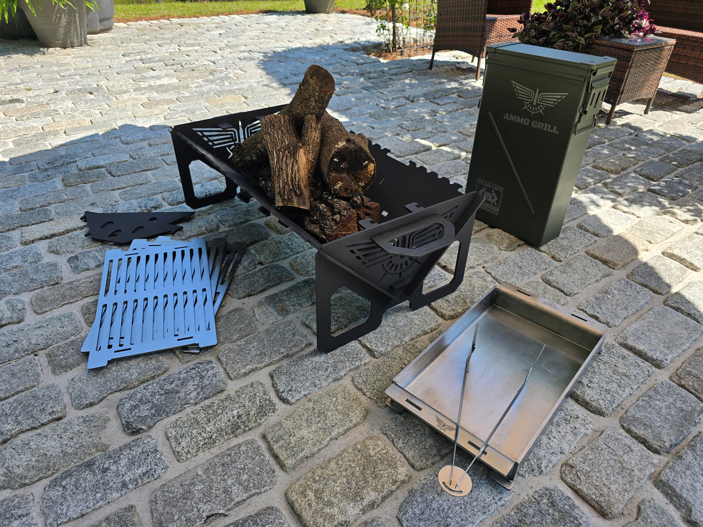 Ammo Can Grill – Heavy-Duty Fire Pit & Grill with 1/4" Steel Griddle + Stainless Spatula/Tongs