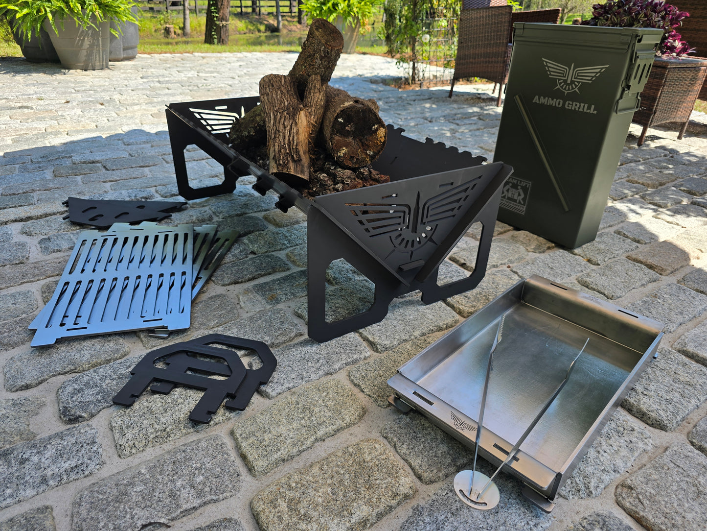 Ammo Can Grill – Heavy-Duty Fire Pit & Grill with 1/4" Steel Griddle + Stainless Spatula/Tongs