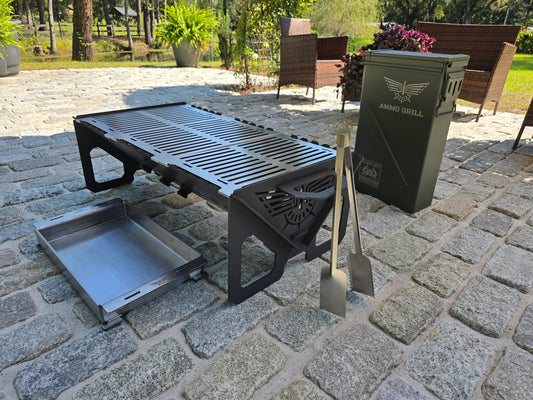Ammo Can Grill – Heavy-Duty Fire Pit & Grill with 1/4" Steel Griddle + Stainless Spatula/Tongs